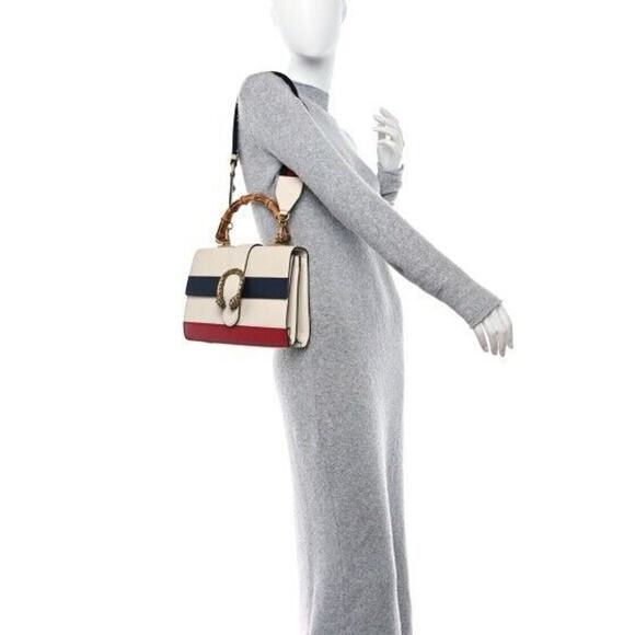 Calfskin Bamboo Web Medium Dionysus Top Handle Bag White Blue Hibiscus Red - Picture 2 of 16